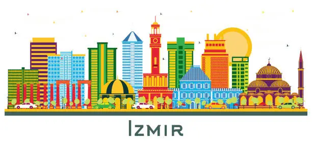 Vector illustration of Izmir Turkey City Skyline with Color Buildings isolated on white.
