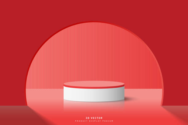 istock Abstract red 3d cylinder podium pedestal or product display stand with door half circle shape and vertical background. Minimal scene for cosmetic product display advertising, mockup, showcase. 1606781062