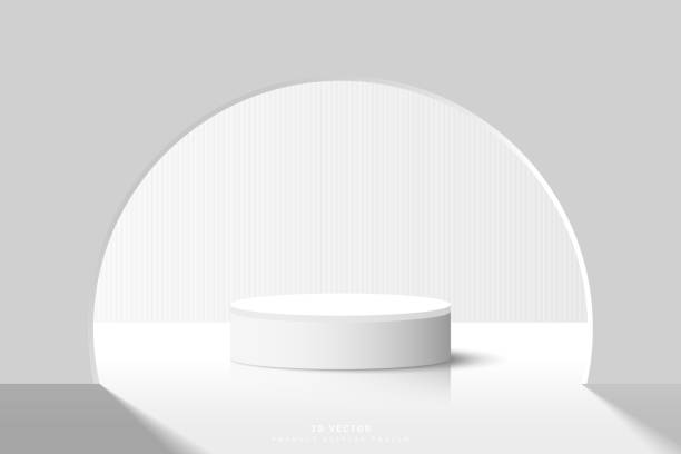 istock Abstract white 3d cylinder podium pedestal or product display stand with door half circle shape and vertical background. Minimal scene for cosmetic product display advertising, mockup, showcase. 1606781771