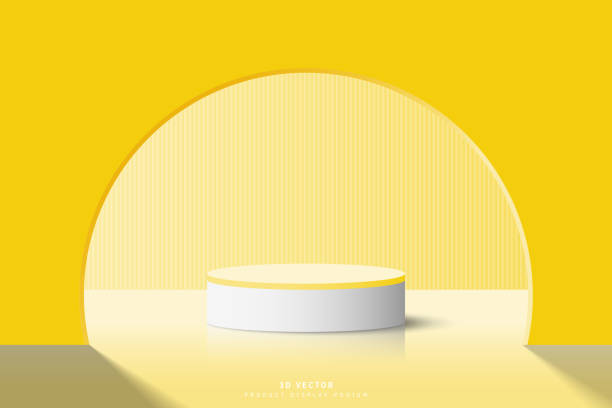 istock Abstract yellow 3d cylinder podium pedestal or product display stand with door half circle shape and vertical background. Minimal scene for cosmetic product display advertising, mockup, showcase. 1606781772