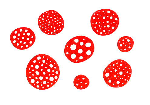 Red curved circles in white dots of different sizes. Isolated on white background. View of fly agaric from above. Abstraction.