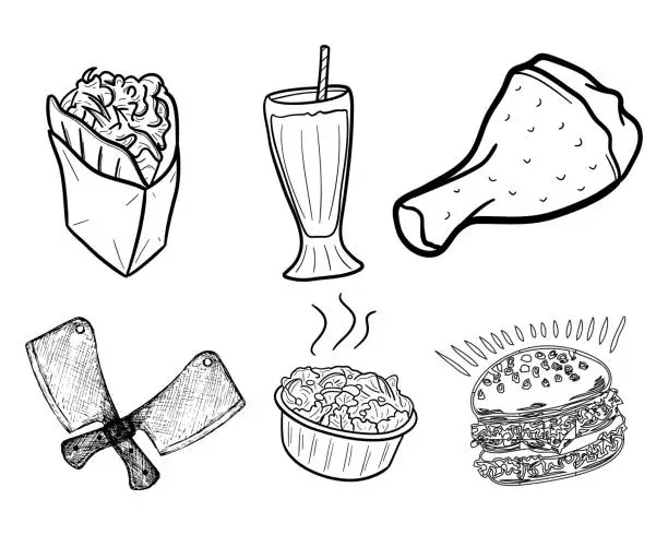 Vector illustration of food , drinks chicken and cleaver, burger vector outline design illustration