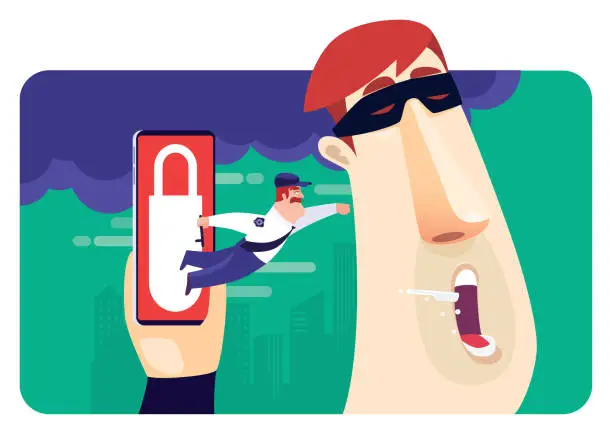 Vector illustration of security guard jumping out from smartphone and punching scammer