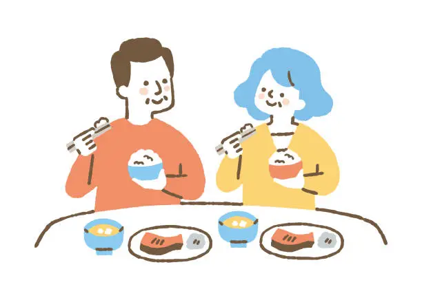 Vector illustration of Elderly couple eating rice _ color