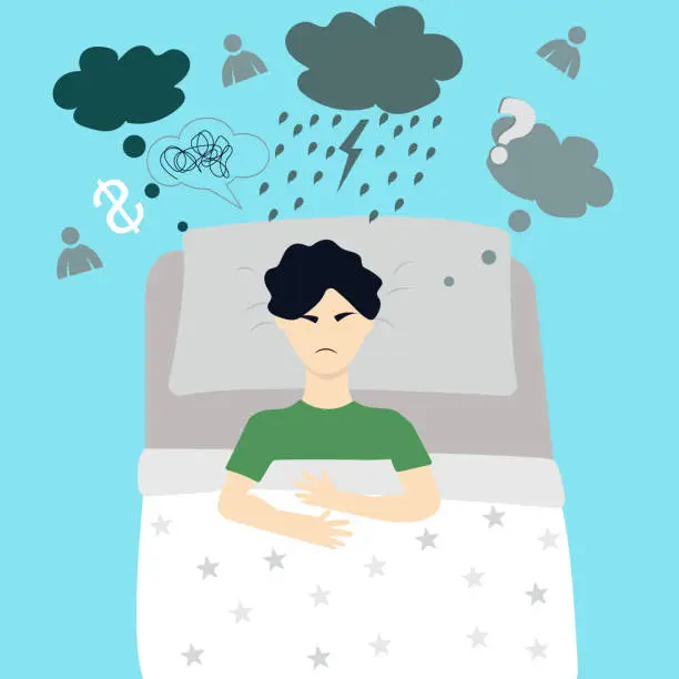 Vector illustration of Upset sick man lying in bed and thinking about his problems, pain, unresolved issue. The concept of making a difficult decision. Flat illustration. Vector
