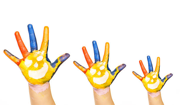 istock Family concept. Three colorful hands with smiling 160693730