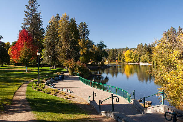 Urban park, lake and paved path with stairs