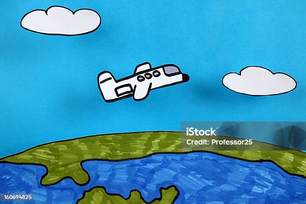 Avião Voa Sobre A Planeta Terra - Fotografias de stock e mais imagens de Desenho de Criança - Desenho de Criança, Avião, Aviação Geral