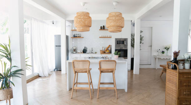 istock Interior of modern kitchen in penthouse. Modern Contemporary kitchen room interior white and wood material urban style. Indoor cozy villa hotel design space background 1607011965