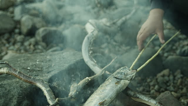 A man bakes caught fish on a fire