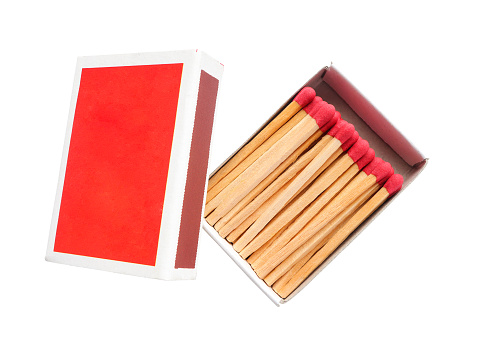 Top view of opened match box with matches inside isolated on white background with clipping path.