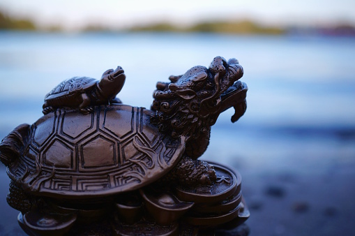 Dragon turtle figurine on the river bank. A symbol that attracts good luck and luck.