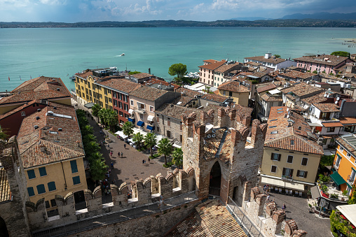 Aerial view over Sirmione, a peninsula on the south banks of Lago di Garda.