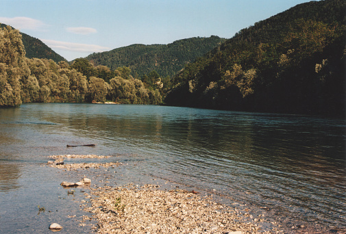 View of Beautiful Isonzo River in the Julian Alps During a Sunny Summer Afternoon. Volče, Tolmin, Slovenia. Film Photography