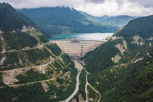 Huge hydroelectric power station panorama aerial view.