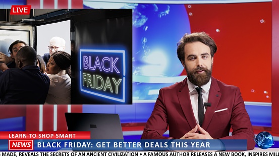 News anchor covering start of sales event in stores, advertising black friday deals and showing footage of shopping madness during discount time. Journalist discussing about safety.