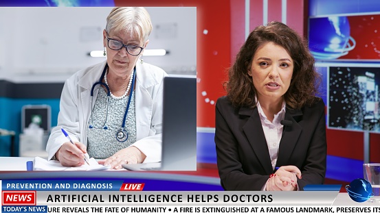 Journalist covers healthcare newscast to present artificial intelligence aid for doctors, talking about AI revolution and development to help people. Woman reporter discusses latest medical news.