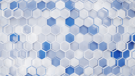 Hexagons, abstract geometric background in blue and white colors, directly above view