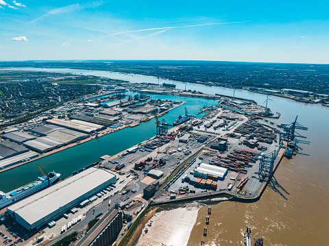 Drone view of Tilbury Docks in England