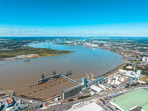 Aerial view of River Thames UK Essex for drone