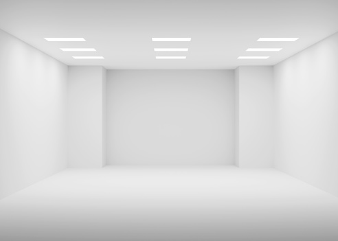 Front view abstract empty white room with copy space and ceiling lamps