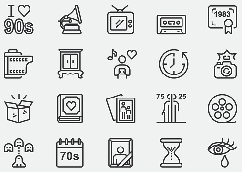 Nostalgia, Retro, 60's, 70's, 80's, 90's, Classic, Vintage, old, past, miss, Fashion, Furniture, Music, Movie, Memory Collection, Old box, hourglass, turn back time, nostalgic, sad, Happy. Line Icons