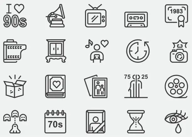 Vector illustration of Nostalgia, Retro, 60's, 70's, 80's, 90's, Classic, Vintage, old, past, miss, Fashion, Furniture, Music, Movie, Memory Collection, Old box, hourglass, turn back time, nostalgic, sad, Happy. Line Icons