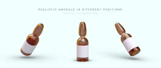 Vector illustration of Realistic ampoule with blank label. View from top, bottom, side