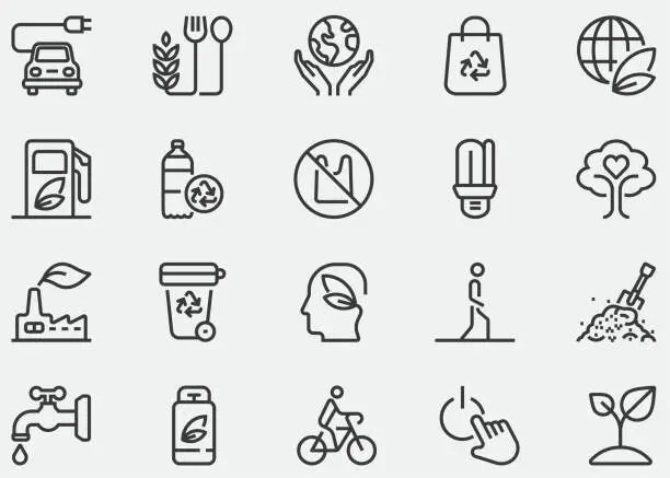 Vector illustration of Save the world, Water, Car-conscious, Walk, Bike, Transit, Reduce, Reuse, Recycle, LEDs, Composting,Energy Wise, Eat,Sustainable Foods, Plant a Tree,Give Up Plastics, Led, LPG, Bio Diesell. Line Icons