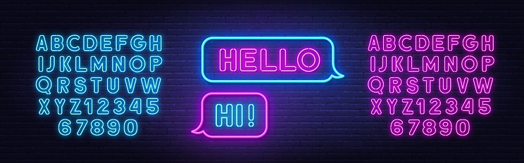 Hello Hi neon sign in the speech bubble on brick wall background. Pink and blue neon alphabets.