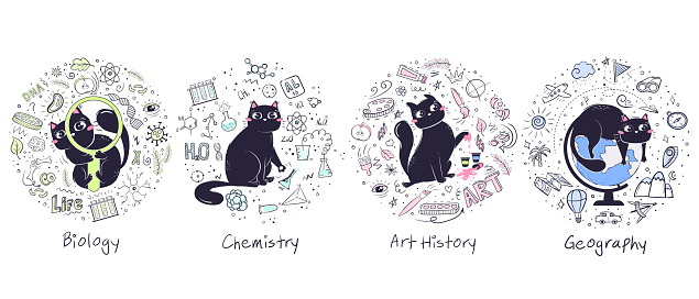 History of arts, biology, chemistry, geography. set of backgrounds for school subjects with doodle objects and a cute cat. Education and training template.