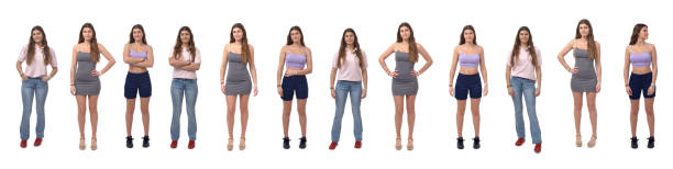 istock line of  the same girl in different outfits on white background 1607214707