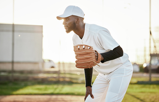 Athlete, baseball player or hand glove on field, sports or arena ground in game, match or competition. Black person, softball or mitt in fitness, exercise or training workout in pitcher stadium flare