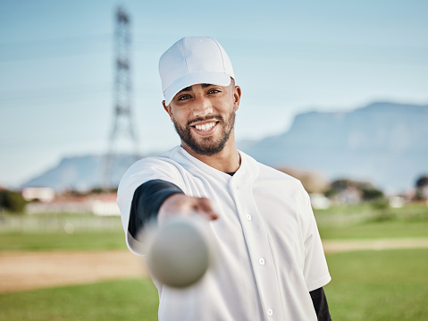 Man, bat or baseball player portrait on field, sports grass or arena grounds for game, match or competition workout. Smile, happy or softball athlete in fitness, pitcher exercise or training stadium