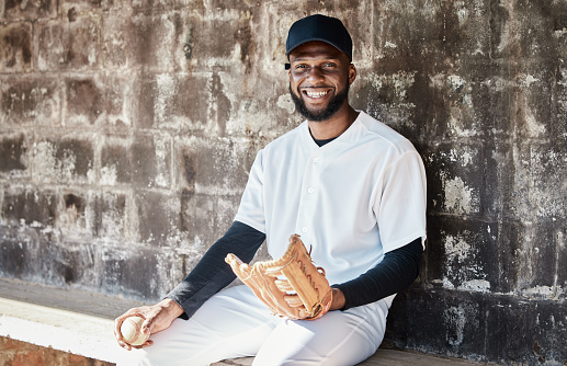 Black man, baseball or catch glove portrait on sports, stadium or arena bench for game, match or competition. Smile, happy or softball athlete with mitt for fitness, club workout or exercise training