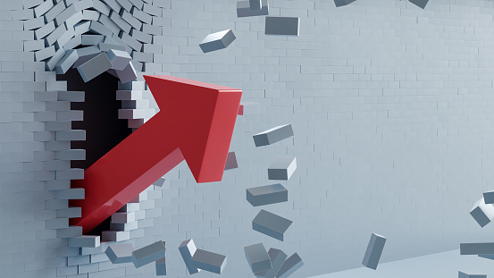 Breaking the Wall: Red Arrow, Unstoppable Progress Power and Business Success Unleashed, 3D render