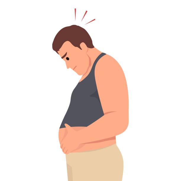 Young man worried about belly fat. Young man worried about belly fat. Flat vector illustration isolated on white background pot belly stock illustrations