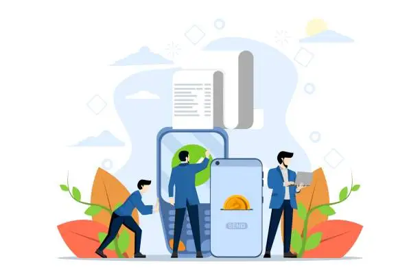Vector illustration of Mobile Payment Concept, Showing how users pay for transactions and withdrawals using mobile phones, Suitable for landing pages, ui, web, app intro cards, editorials, flyers and banners.