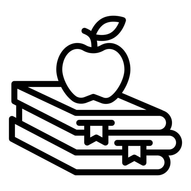 illustrazioni stock, clip art, cartoni animati e icone di tendenza di libri e icona della linea di mela, concetto di istruzione, libro scolastico e segno di mela su sfondo bianco, pila di libri con frutta sull'icona superiore in stile per il web design. grafica vettoriale. - apple stack white backgrounds