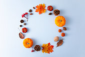 Autumn Background Wreath Made of Pumpkins and Leaves