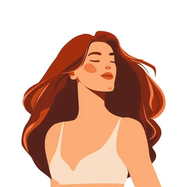 Vector illustration of Young beautiful woman closed her eyes, enjoys the sun, the wind develops her red hair. Inner balance, mental health, enjoy and self-love concept.