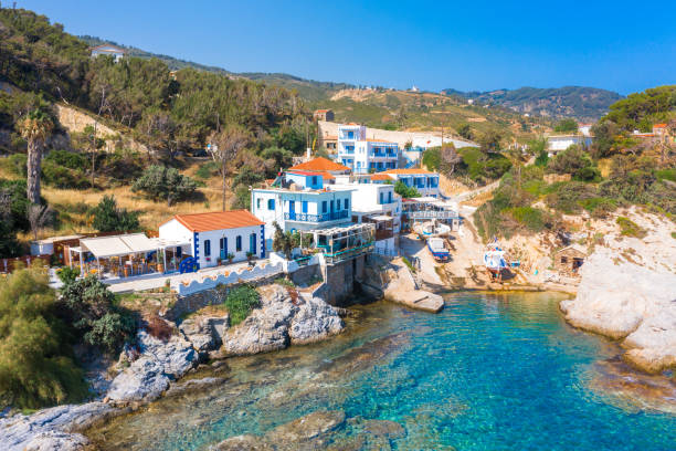 Aerial drone photo of picturesque small village of Gialiskari, Ikaria island, Aegean, Greece Aerial drone photo of picturesque small village of Gialiskari, Ikaria island, Aegean, Greece ikaria island stock pictures, royalty-free photos & images