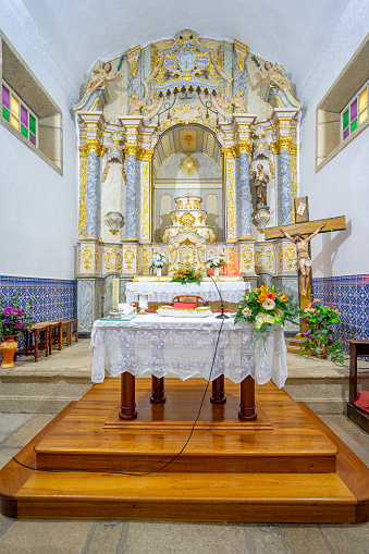 View to the main altar in Basilica de Nuestra Senora de Candelaria or The Basilica of the Royal Marian Shrine was built in 1959 in a primary neoclassical style and is located in city Candelaria on the east coast of the Spanish Canary Island Tenerife