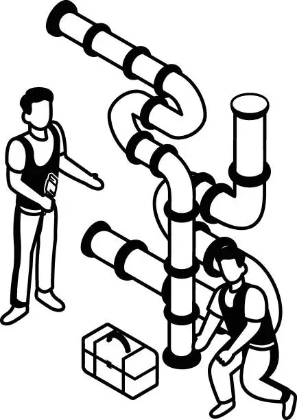 Vector illustration of Two Repairmen installing tubes for Liquid Flow Vector isometric Design, Plumber equipment Symbol, Handyman Service Works Sign, Sanitary technician Stock illustration, Plant Pipping Concept