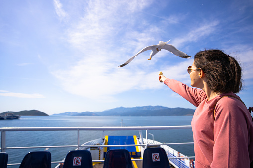 Young woman traveling on ferryboat and feeding seagulls