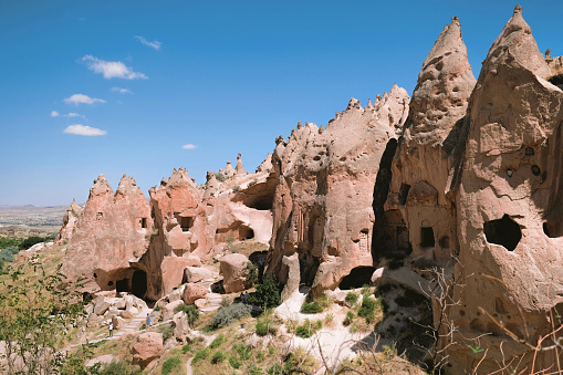Cappadocia ,Turkey - May 24, 2020: Cave town and rock formations in National Park of Zelve Valley
