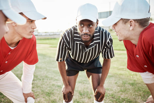 Teamwork, baseball coach or men planning with motivation, hope or faith in training match or sports game. Softball huddle, fitness or leadership with athlete group ready for mission goals on field