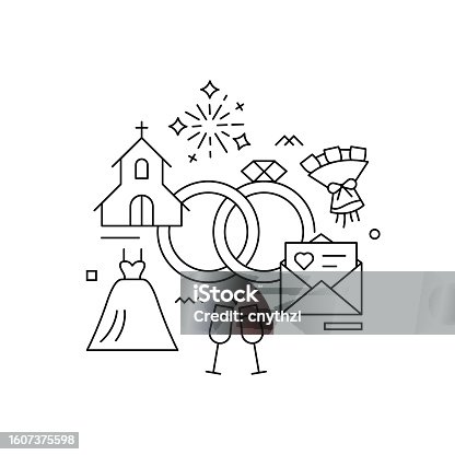 istock Vector Set of Illustration Wedding Concept. Line Art Style Background Design for Web Page, Banner, Poster, Print etc. Vector Illustration. 1607375598