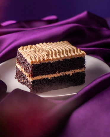 Classic  chocolate cake pastry on the purple background