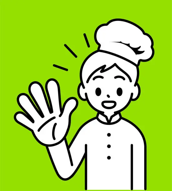 Vector illustration of A chef boy is giving a number five hand gesture, looking at the viewer, minimalist style, black and white outline